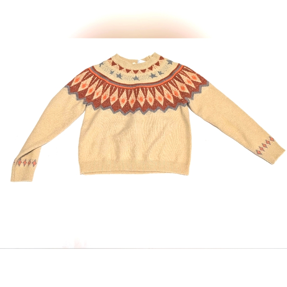 Sky and Sparrow Cream Fair Isle Crewneck Sweater with Rust and Blue Accents